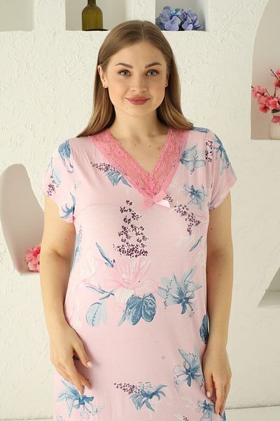 JENİKA Women's Large Size Short Sleeve Viscose Floral Nightgown