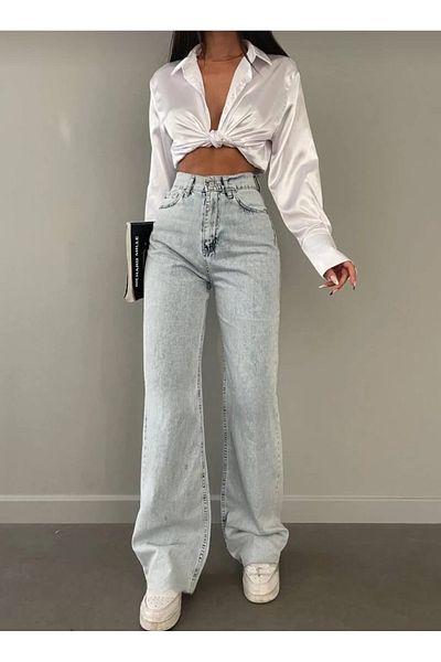 Trn JNS Elyesse 90's Power Lycra No Fade Ice Snow Pantaloni palazzo cu talie super înaltă