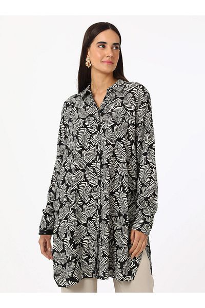 Refka Viscose Printed Tunic - Black and White Leaf Pattern - Refka