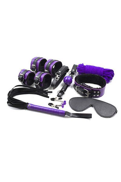 WildFashion Set fetish/BDSM din 9 piese din piele ecologica cu blanita, Mov si Negru, TOY154-11