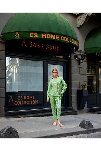 VENA Water Green Alian Linen Beach Pants - Elastic Waist