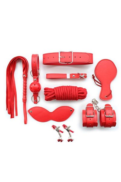 WildFashion 8-piece BDSM set made of eco-leather, Red, TOY178-3