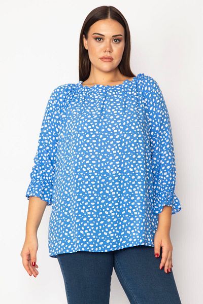 Şans Women's Large Size Blue Collar and Cuffs Elastic Detailed Woven Viscose Fabric Blouse 65n29314