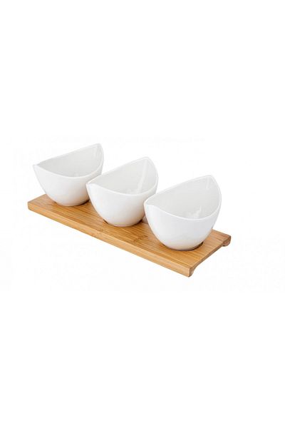 FLORINA Adria Gondole 3-piece serving set, bamboo, white porcelain, 25 x 9 x 6.5 cm