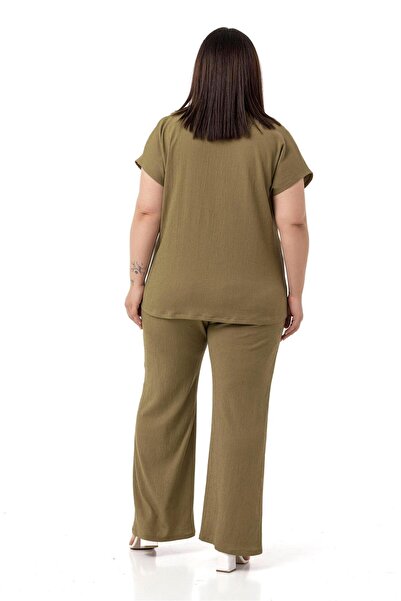 DISENTIS MODEST Plus Size Low Sleeve Blouse Pants Khaki Two-Piece Suit