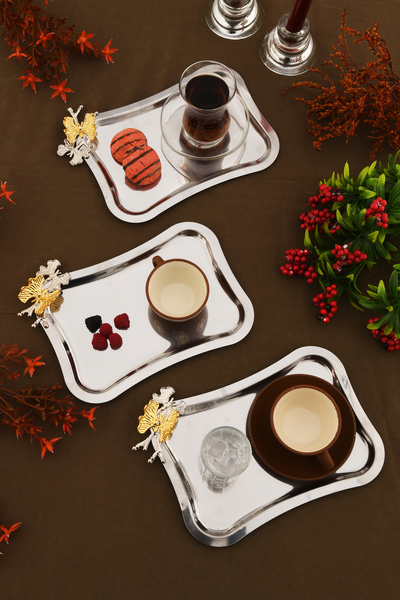 AKSESUAR EVRENİ Naldo Italian Model Butterfly Detailed 3 Presentation Trays Silver