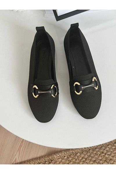 ZİESCE Women's Black Gold Buckle Detail Knitwear Ballet Shoes Model Code: to