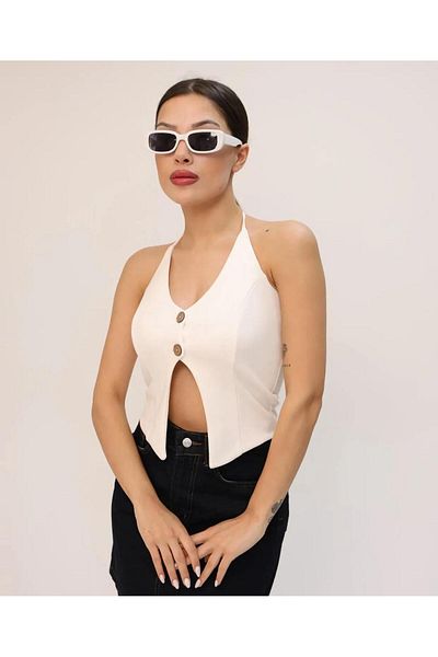 ALLEYTA Women's Buttoned Belly and Back Low-Cut Halter Bustier