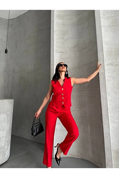 Bella Breeze Kadın Alt Üst Takım Şık Taş Düğme Detaylı Premium Yelek Pantolon İkili Takım Elbise