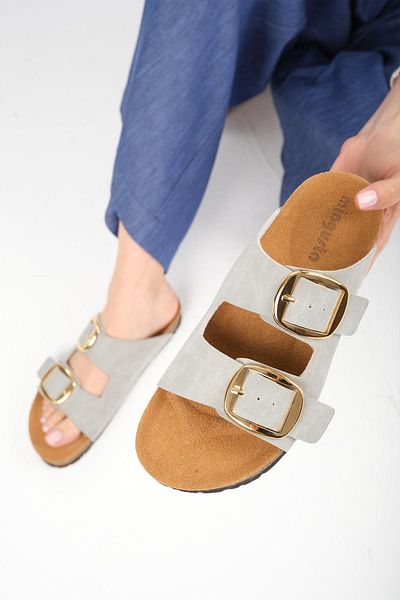 Mio Gusto Ines Gray Color Orthopedic Cork Sole Women's Slippers