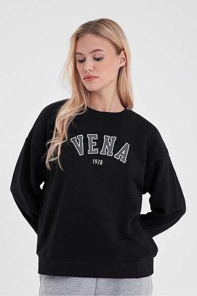 VENA Дамски памучен суитшърт с кръгло деколте, черен, с лого и принт