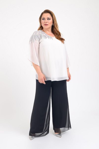 LİLAS XXL Plus Size White Color Chiffon V Neck Evening Dress Blouse