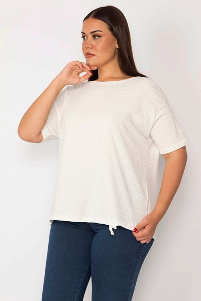 Şans Women's Large Size Bone Front Glittery Nope Pattern Lace Detailed Crew Neck Blouse 65n29112