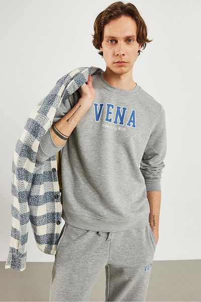 VENA Ανδρικό φούτερ με λογότυπο με λαιμόκοψη γκρι μελανζέ