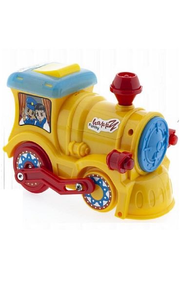 rexa Cartoon Toy Train – Yellow Locomotive with Blue Roof & Red Wheels – Fun Character Design for Kids