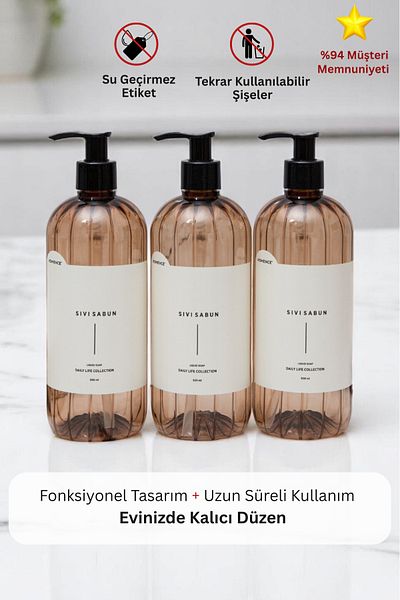 homence Plastic Bottle Set with Liquid Soap Label 3-Piece Light Brown Soap Dispenser 500 ml