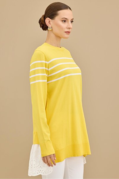 Tığ Triko Arkası Güpür Çizgili Rayon Tunik SARI