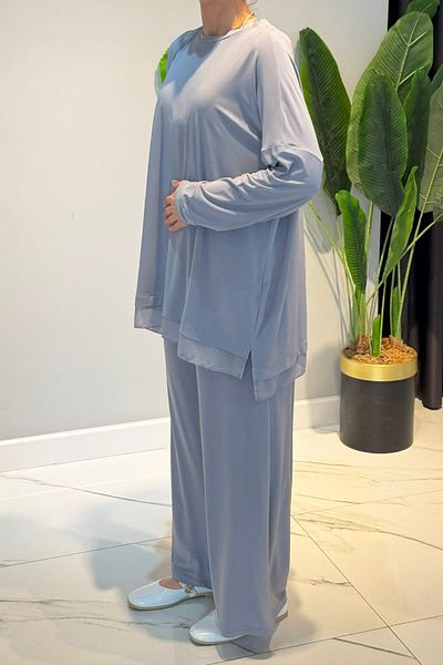 Ceremony Single Handle Ruffle Chiffon and Pearl Detail Sandy Pants Suit 59109 Gray