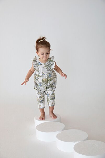 Patique Kids Cream Rabbit Patterned Cotton Girl's Jumpsuit with Snap Pocket