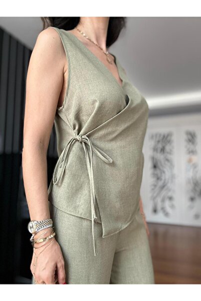 Atelier Derin Khaki Green Linen Trousers Wrap Vest Suit