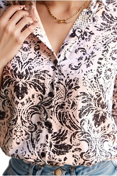 Cassime Kadın Siyah Ekru Etnik Desenli Kısa Kollu Yarasa Düğmeli Gömlek