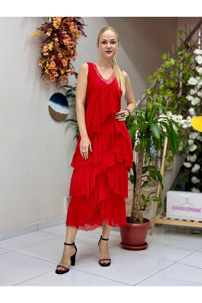 Punta Otantik Nc61460 Italian Strap Neckline Sequin Ruffle Silk Dress Red