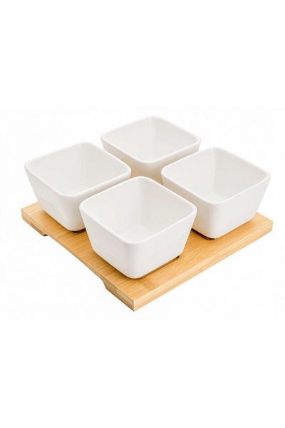 FLORINA Adria Quadro 4-piece serving set, bamboo, white porcelain, 16.5 x 16.5 x 6 cm