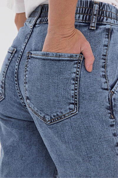 VENA Norah Med Blue Frayed Jean Trousers with Elastic Waist - Med Blue