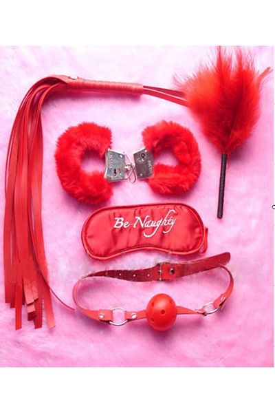 WildFashion 5-piece BDSM set made of eco-leather and textile, Red, TOY181-3