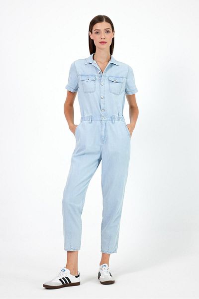 VENA Women's Norah Sky Blue Short Sleeve Jean Jumpsuit