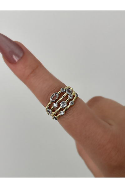 JELLY Kadın Çelik Zirkon Taşlı Sıralı Model Ayarlanabilir Tasarım Modern Yüzük