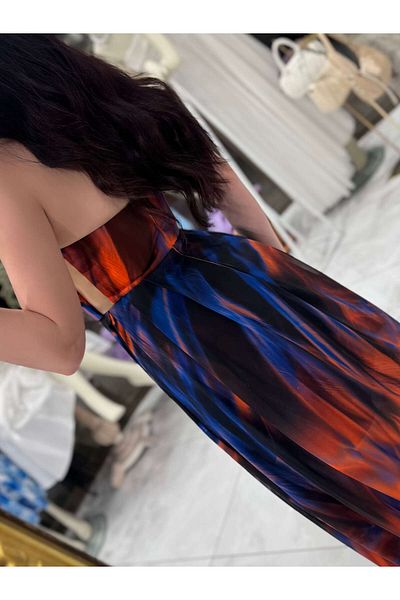 missswans Allura Patterned Colorful Strapless Side Transparent Detail Chiffon Dress Long Maxi Size Evening Dress Orange