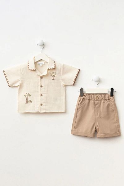 Magu Baby Boy Cotton Beige Palm Embroidered Suit