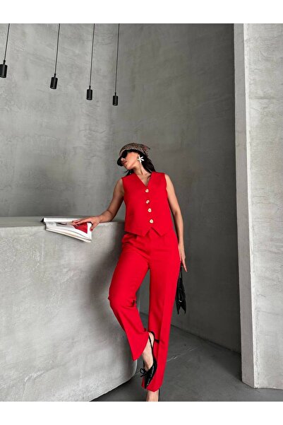 Bella Breeze Kadın Alt Üst Takım Şık Taş Düğme Detaylı Premium Yelek Pantolon İkili Takım Elbise