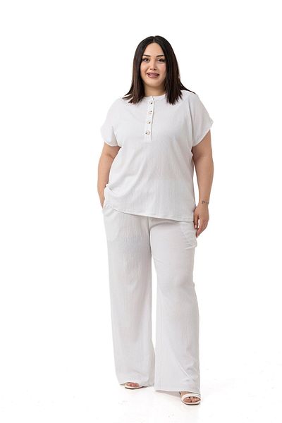 DISENTIS MODEST Plus Size Low Sleeve Blouse Pants White Two Piece Set