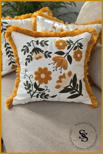 SasoHome Beauty Flowers Punch Embroidery Patterned Linen Throw Pillow Cover