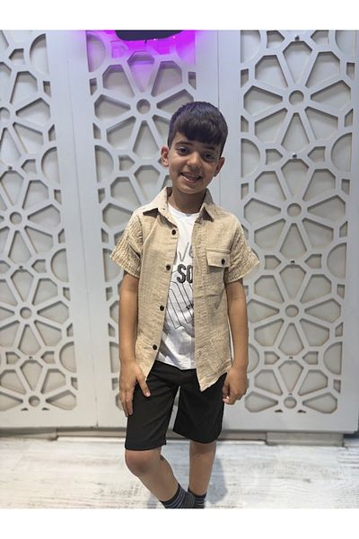 KUMRUNUN DÜNYASI Muslin Shirt Short Sleeve T-Shirt and Black Denim Shorts 3-Piece Bottom Top Men's Set