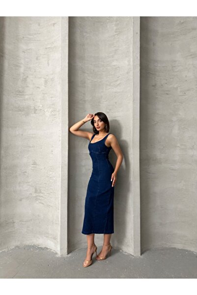 Miss Prova Thick Strap Body Fitting Back Slit Detail Denim Dress Misselb4027