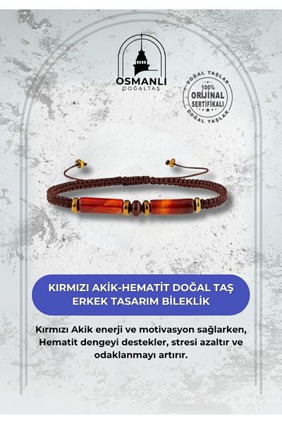 OSMANLI DOĞAL TAŞ Red Agate-hematite Natural Stone Men's Design Bracelet