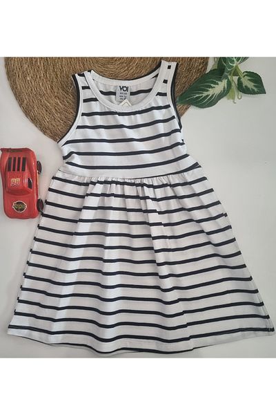 Uğur bebe Girls' Striped Combed Cotton Dress Flexible Soft Ecru Navy Blue Color