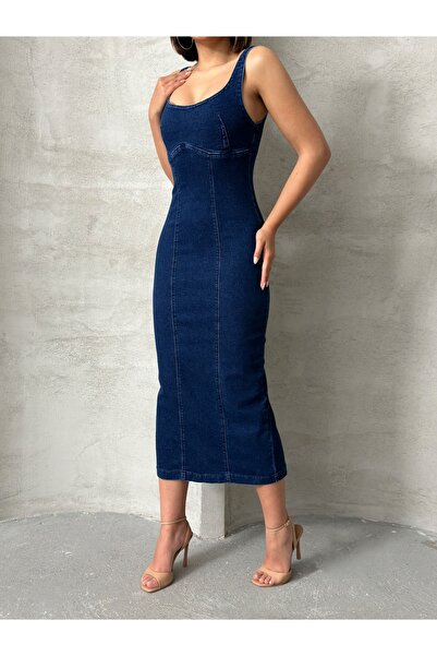 Miss Prova Thick Strap Body Fitting Back Slit Detail Denim Dress Misselb4027