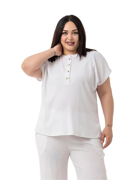 DISENTIS MODEST Plus Size Low Sleeve Blouse Pants White Two Piece Set