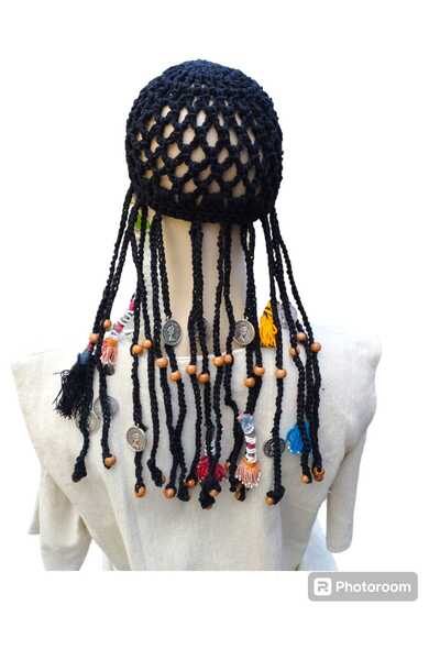 sinkop Tığ İşi File Kadın Boncuklu Saçaklı File Şapka Saç bandı Hair Crochet Cap