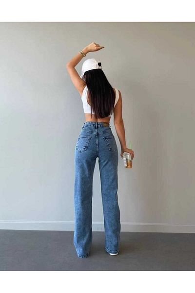 Trn JNS Elyesse 90's Power Lycra No Fade Blue Medium Snow Super High Waist Casual Jeans Pantaloni Palazzo