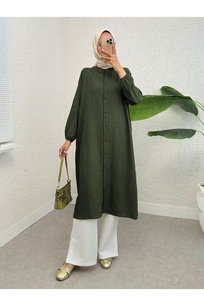 Modamorfo Long Crinkle Tunic with Buttons and Elastic Sleeves - Khaki