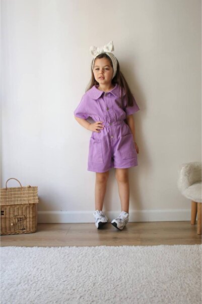 lesa kids wear Yaka Taşlı Kız Çocuk Kot Tulum