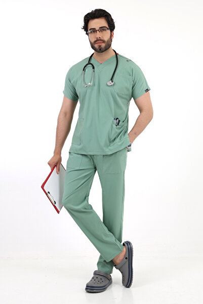 TİJA زي الطبيب من الليكرا الأخضر النعناعي Dr Greys برقبة على شكل حرف V وأكمام...