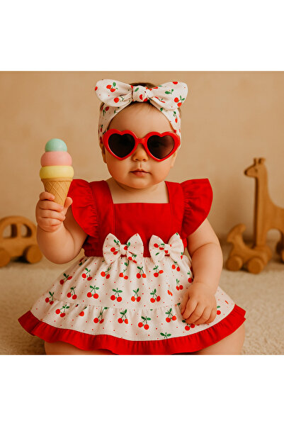 Mini Kids Baby Kız Bebek Kiraz Desenli Fiyonklu Kirazlı Salopet Elbise Bandan...