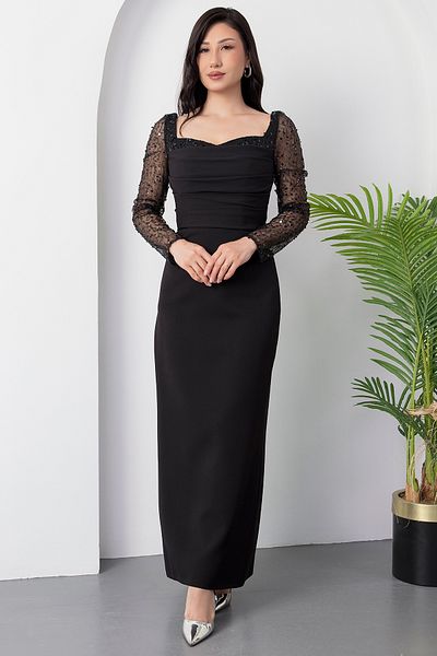 PULLIMM Heart Neckline Puff Sleeves Paillette Evening Dress Ecr5492