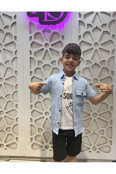 KUMRUNUN DÜNYASI Muslin Shirt Short Sleeve T-Shirt and Black Denim Shorts 3-Piece Bottom Top Men's Set